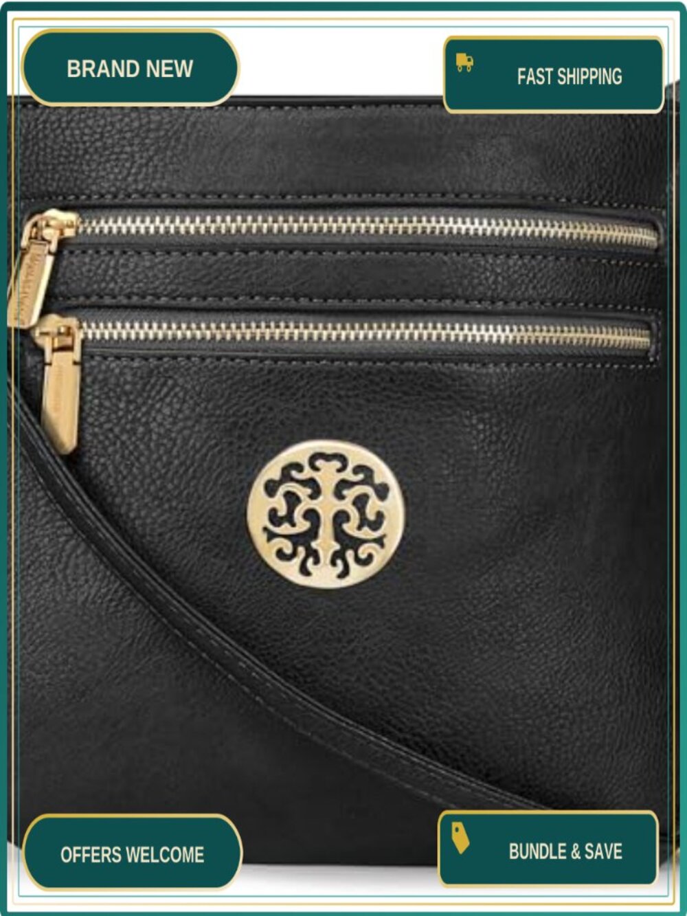 Vegan Leather Crossbody Bag with 5 Zipper Pockets Adjustable Strap Medium Purse